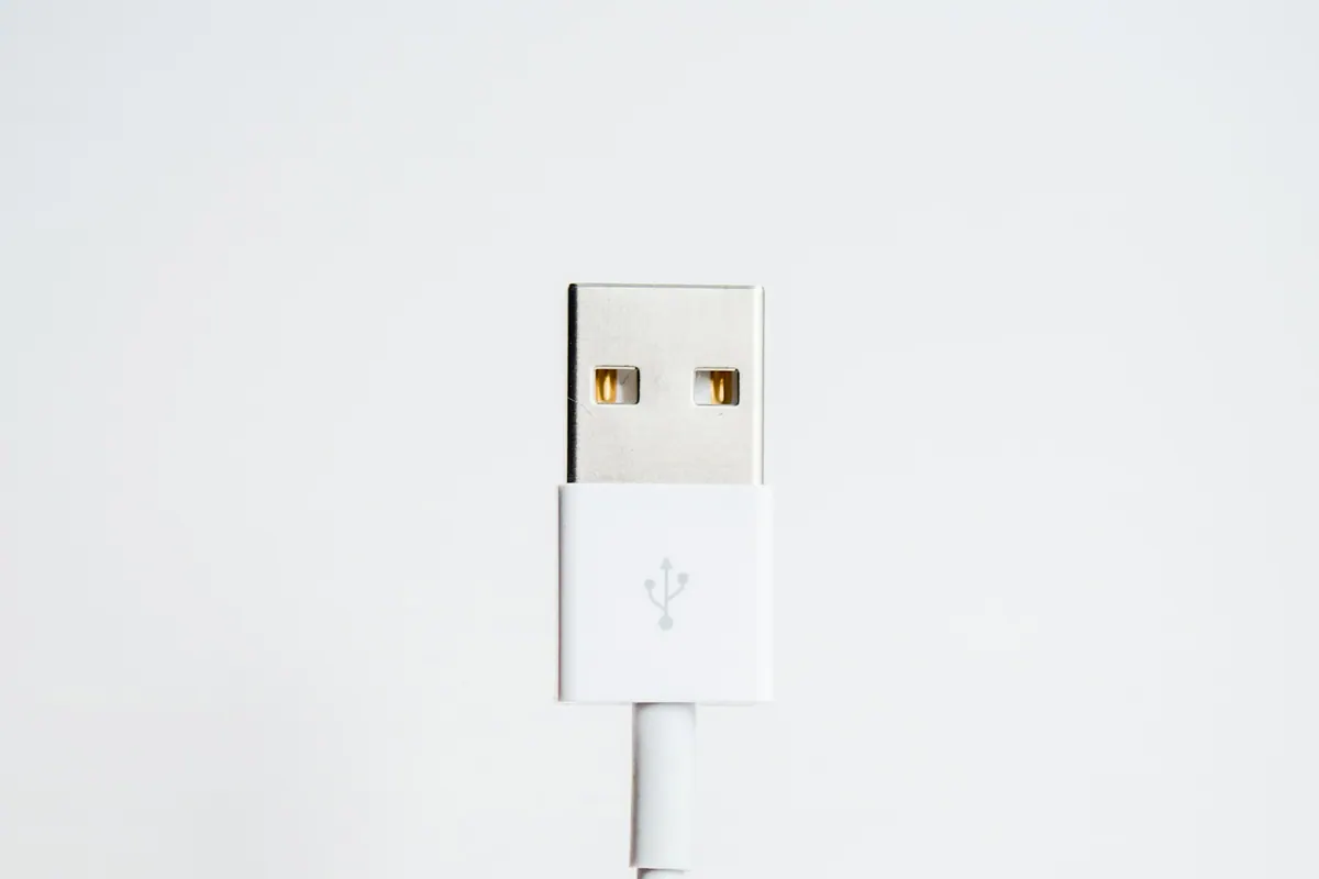 A white USB-A cable connector against a light background