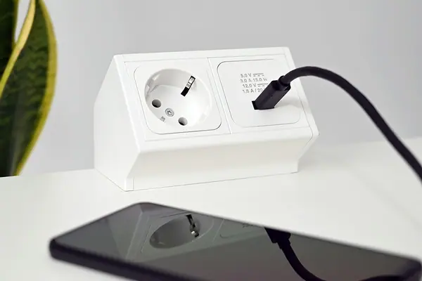 Phone charging at a white desk beside a small plant